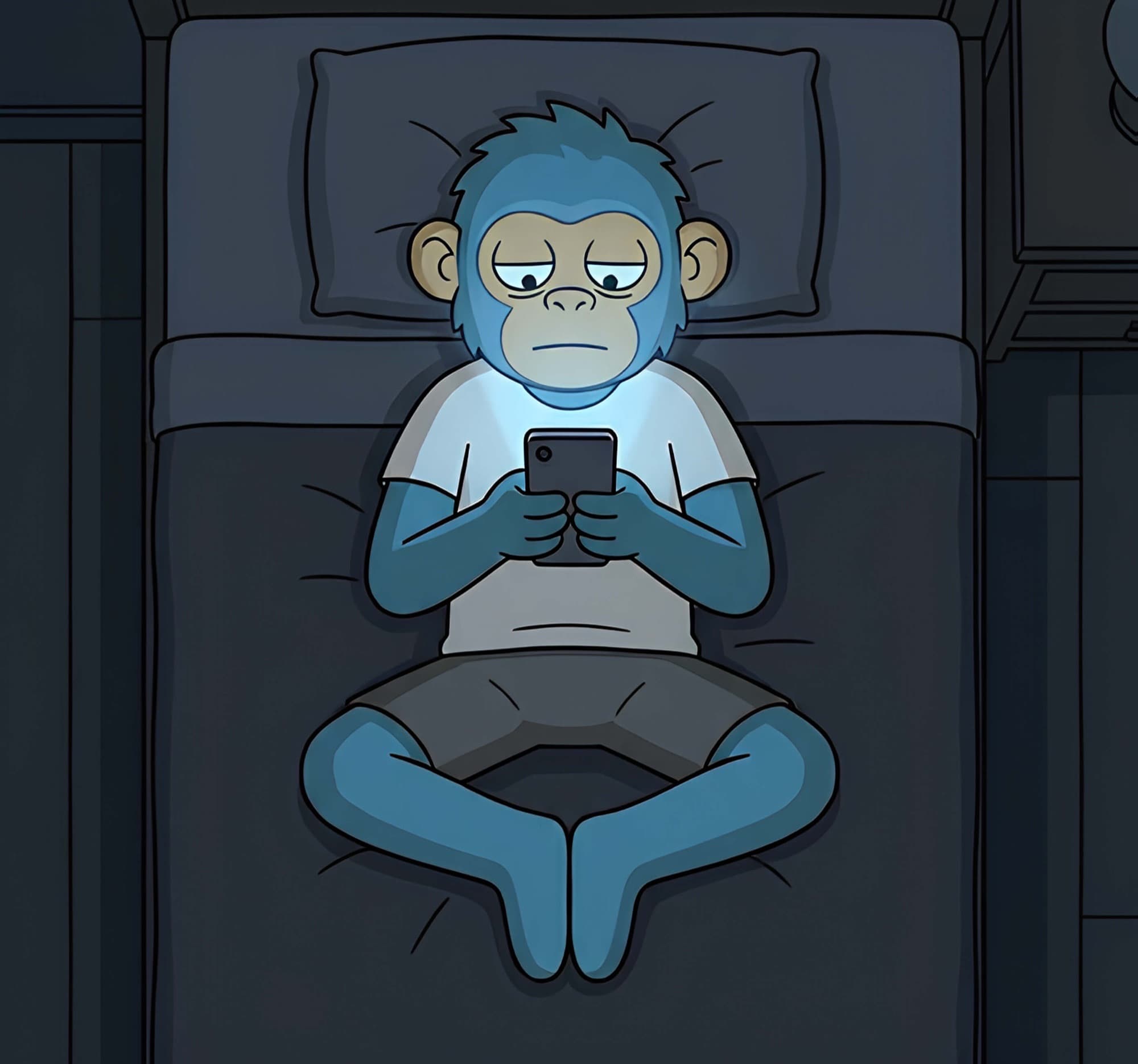 Jeff Doomer desplazándose en su teléfono en la cama antes de dormir