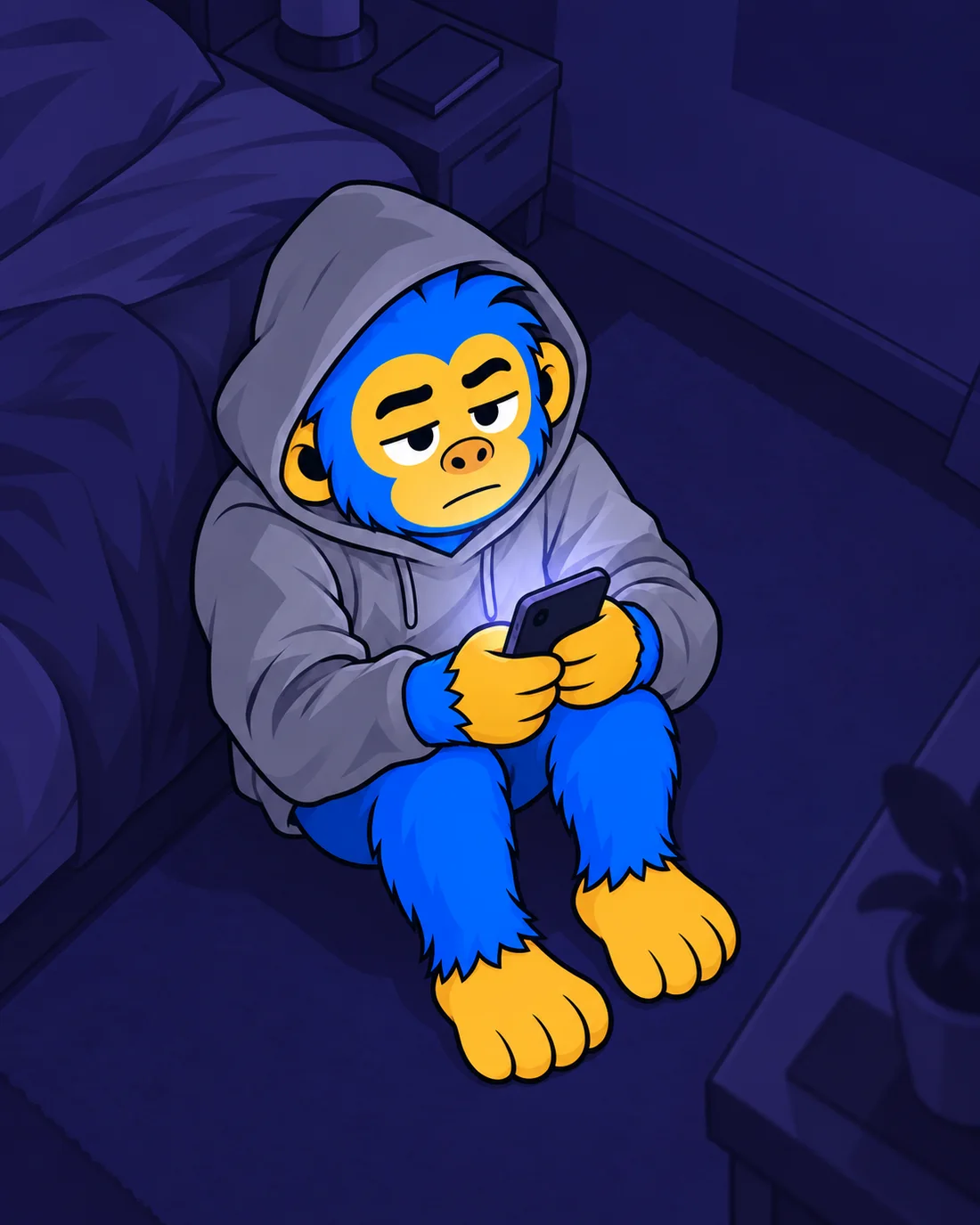 Jeff de moletom no chão de um quarto escuro, iluminado só pelo celular