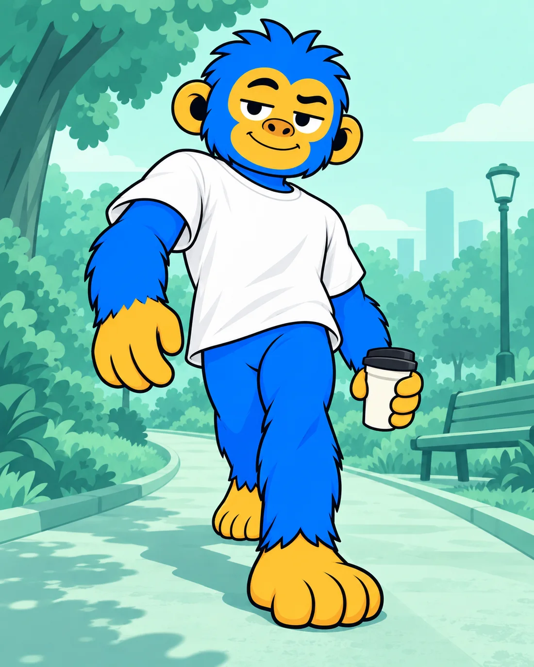 Jeff andando por um caminho no parque com um café, de cabeça erguida
