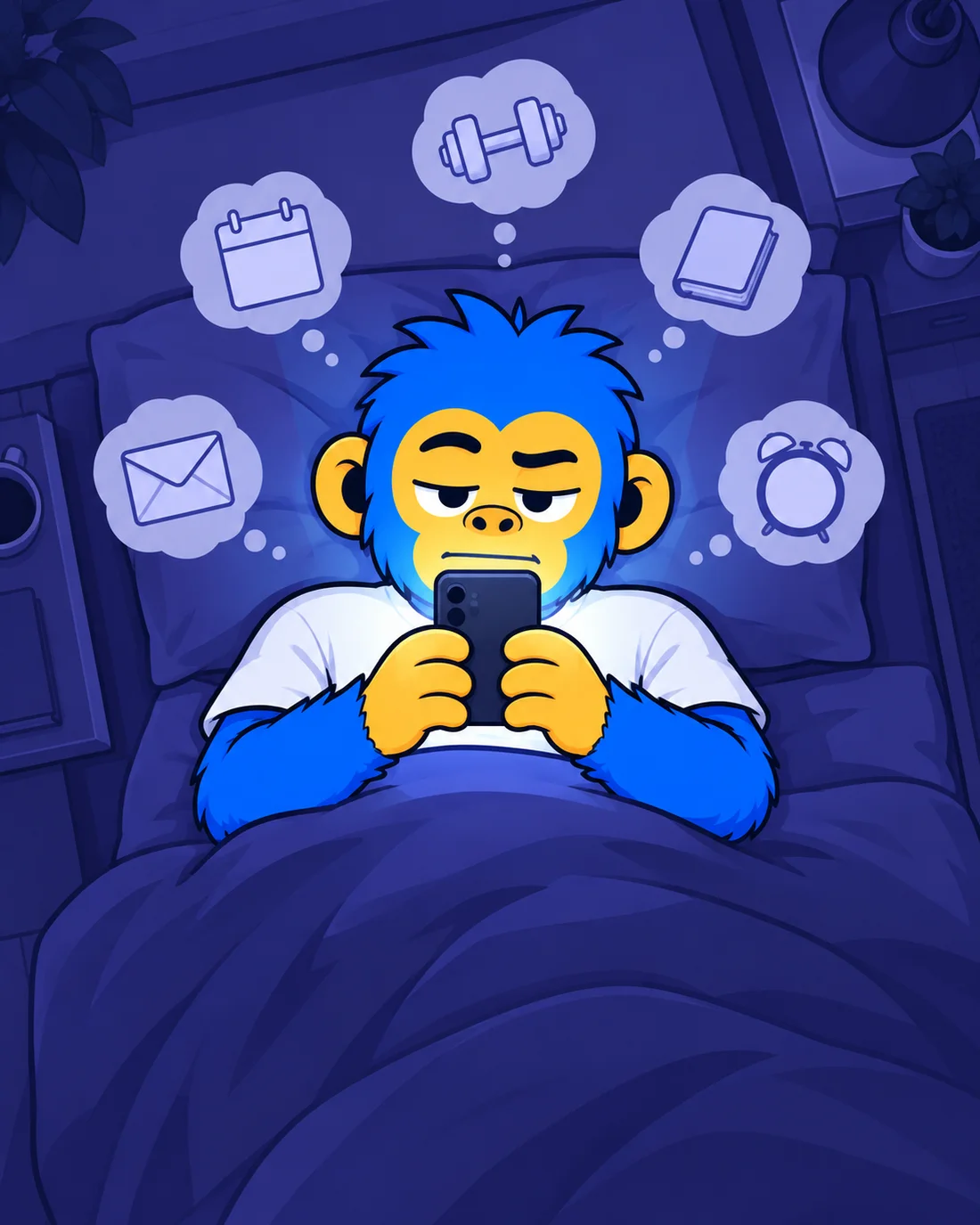 Jeff deitado na cama à noite com o celular sobre o rosto e tudo o que ele adiou flutuando ao redor
